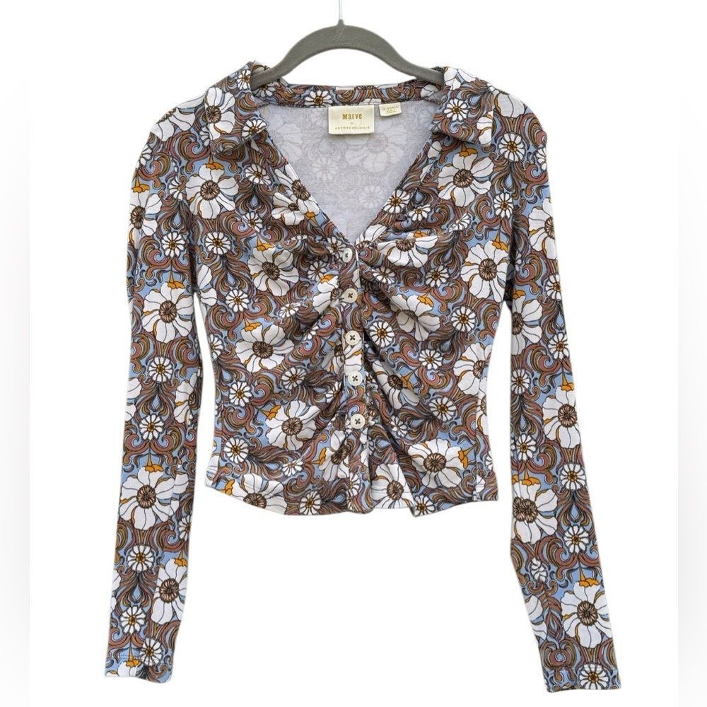 Maeve Anthropologie Women's Floral Ruched Retro 70's V-Neck Top Size XS - Picture 5 of 6